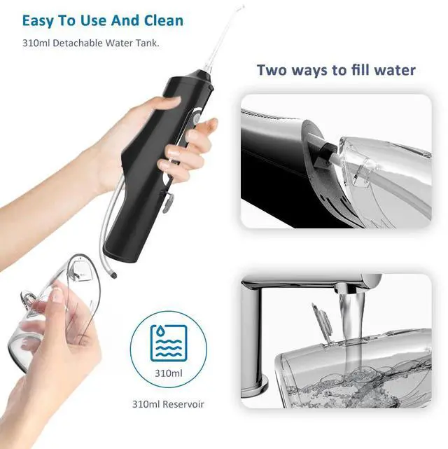 Alt view image 6 of 7 - YEVYO Cordless Water Flosser Rechargeable - 4 Cleaning Modes, 310ml Water Tank, IPX7 Waterproof - Portable Water Dental Pick for Braces & Adults - Black