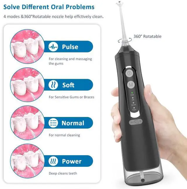 Alt view image 3 of 7 - YEVYO Cordless Water Flosser Rechargeable - 4 Cleaning Modes, 310ml Water Tank, IPX7 Waterproof - Portable Water Dental Pick for Braces & Adults - Black