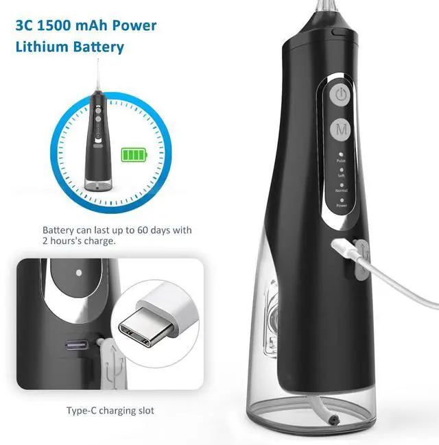 Alt view image 7 of 7 - YEVYO Cordless Water Flosser Rechargeable - 4 Cleaning Modes, 310ml Water Tank, IPX7 Waterproof - Portable Water Dental Pick for Braces & Adults - Black