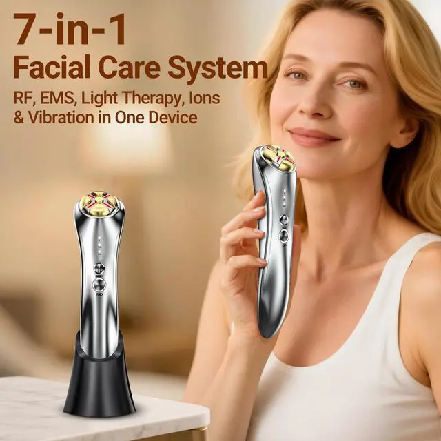 Alt view image 2 of 7 - YEVYO 7-in-1 RF Facial Massager Device - Microcurrent EMS Face Lifting Tool, LED Red Blue Light Therapy, Ionic Skin Cleanser - Skincare for Women at Home or Travel - Silver