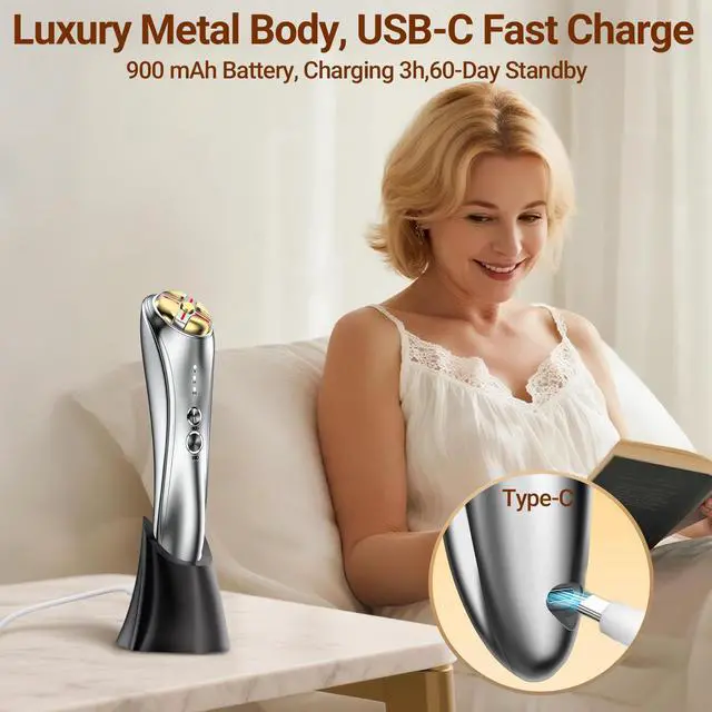 Alt view image 7 of 7 - YEVYO 7-in-1 RF Facial Massager Device - Microcurrent EMS Face Lifting Tool, LED Red Blue Light Therapy, Ionic Skin Cleanser - Skincare for Women at Home or Travel - Silver