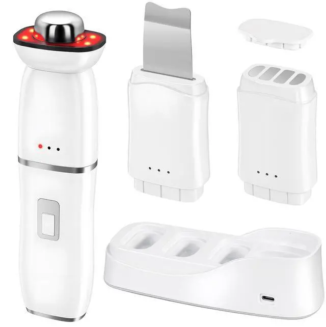 Main image of YEVYO Multifunctional Facial Device 6-in-1 - Ultrasonic Skin Scrubber RF EMS LED Light Therapy Wand - Deep Pore Cleanser Face Tightening Tool for Women - Wireless Charging for Home Use - White