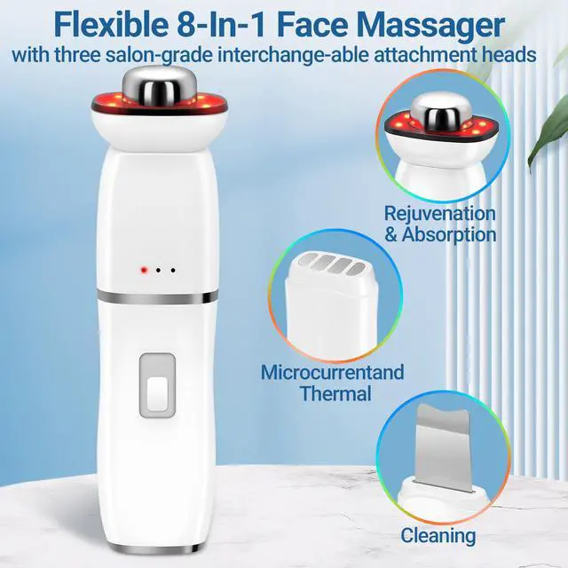 Alt view image 2 of 7 - YEVYO Multifunctional Facial Device 6-in-1 - Ultrasonic Skin Scrubber RF EMS LED Light Therapy Wand - Deep Pore Cleanser Face Tightening Tool for Women - Wireless Charging for Home Use - White