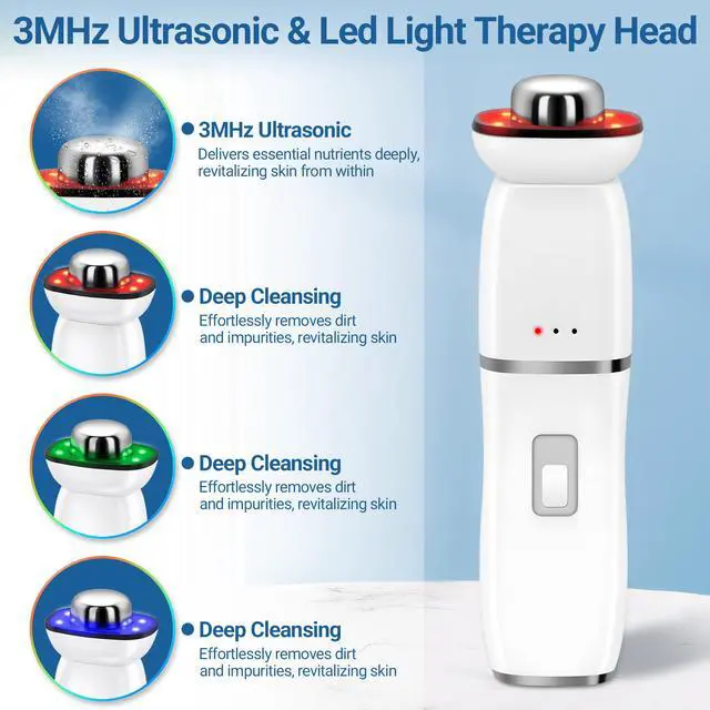 Alt view image 4 of 7 - YEVYO Multifunctional Facial Device 6-in-1 - Ultrasonic Skin Scrubber RF EMS LED Light Therapy Wand - Deep Pore Cleanser Face Tightening Tool for Women - Wireless Charging for Home Use - White