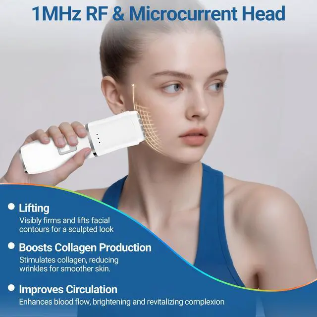 Alt view image 5 of 7 - YEVYO Multifunctional Facial Device 6-in-1 - Ultrasonic Skin Scrubber RF EMS LED Light Therapy Wand - Deep Pore Cleanser Face Tightening Tool for Women - Wireless Charging for Home Use - White