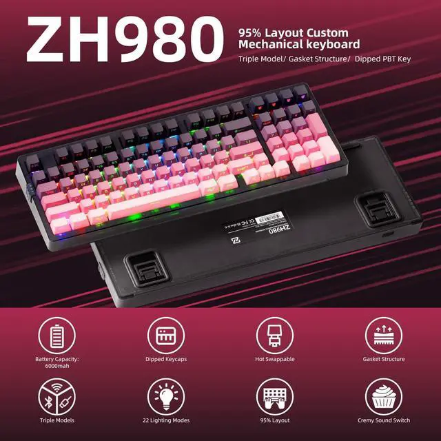 Alt view image 2 of 7 - ZORNHER ZH980 Wireless Mechanical Gaming Keyboard,95% Pink & Purple Custom Creamy keyboard With Number Pad,Lighted Up PBT Keycaps,Pre-lubed Linear Switches,Hot-Swappable,RGB Backlit,2.4GHz/USB-C/BT5.0