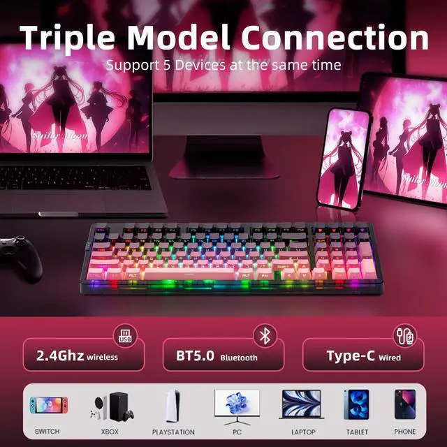 Alt view image 3 of 7 - ZORNHER ZH980 Wireless Mechanical Gaming Keyboard,95% Pink & Purple Custom Creamy keyboard With Number Pad,Lighted Up PBT Keycaps,Pre-lubed Linear Switches,Hot-Swappable,RGB Backlit,2.4GHz/USB-C/BT5.0