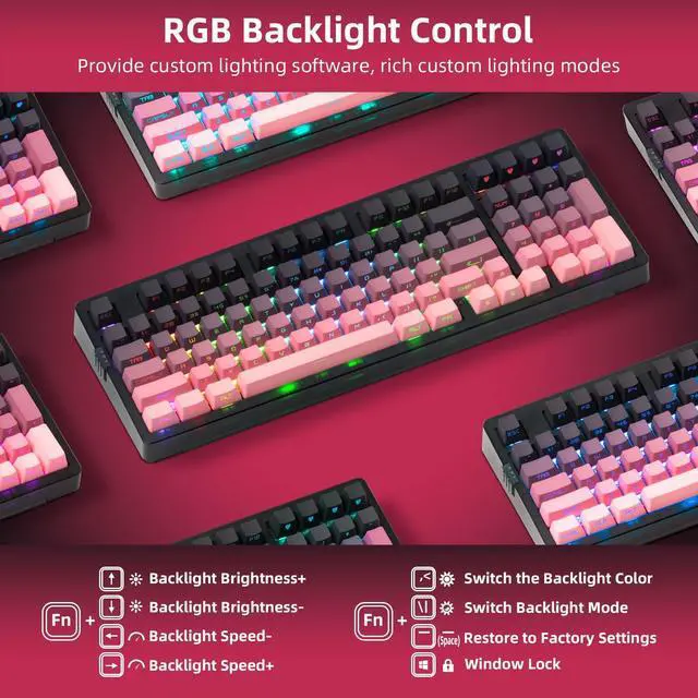Alt view image 4 of 7 - ZORNHER ZH980 Wireless Mechanical Gaming Keyboard,95% Pink & Purple Custom Creamy keyboard With Number Pad,Lighted Up PBT Keycaps,Pre-lubed Linear Switches,Hot-Swappable,RGB Backlit,2.4GHz/USB-C/BT5.0