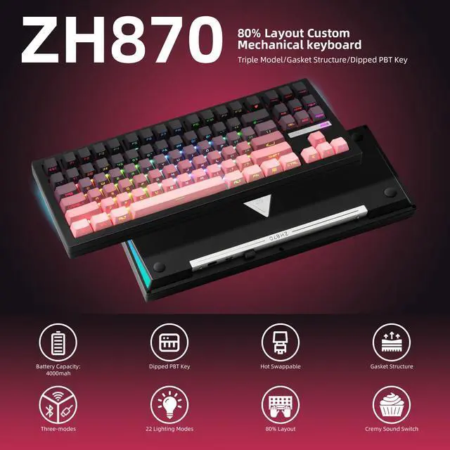 Alt view image 2 of 7 - ZORNHER ZH870 Wireless Mechanical Gaming Keyboard,80% Pink & Purple Custom Creamy Sound Keyboard with Shine Through PBT Keycaps,Pre-lubed Linear Switches,Hot-Swappable,RGB Backlit,2.4GHz/USB-C/BT5.0