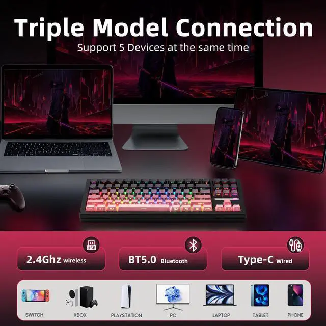 Alt view image 3 of 7 - ZORNHER ZH870 Wireless Mechanical Gaming Keyboard,80% Pink & Purple Custom Creamy Sound Keyboard with Shine Through PBT Keycaps,Pre-lubed Linear Switches,Hot-Swappable,RGB Backlit,2.4GHz/USB-C/BT5.0