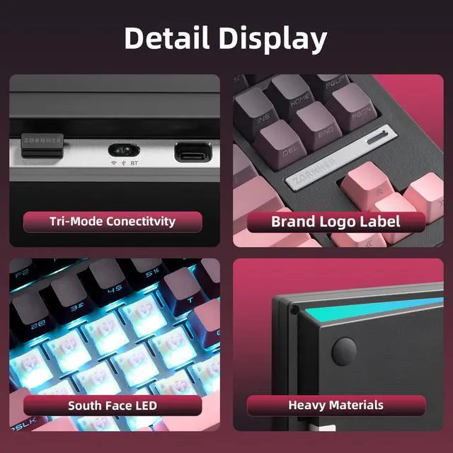 Alt view image 6 of 7 - ZORNHER ZH870 Wireless Mechanical Gaming Keyboard,80% Pink & Purple Custom Creamy Sound Keyboard with Shine Through PBT Keycaps,Pre-lubed Linear Switches,Hot-Swappable,RGB Backlit,2.4GHz/USB-C/BT5.0