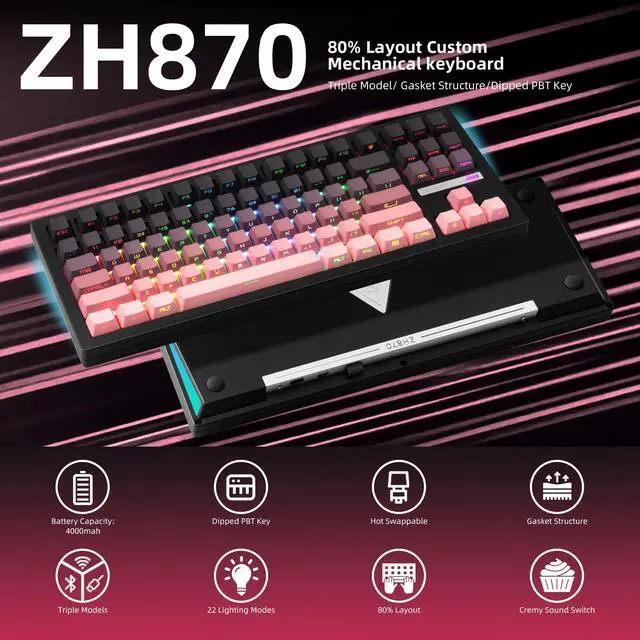Alt view image 4 of 7 - ZORNHER ZH870 Wireless Mechanical Gaming Keyboard,80% Pink & Purple Custom Creamy Sound Keyboard with Shine Through PBT Keycaps,Pre-lubed Linear Switches,Hot-Swappable,RGB Backlit,2.4GHz/USB-C/BT5.0