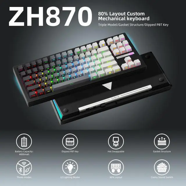 ZORNHER ZH870 Wireless Mechanical Gaming Keyboard,80% Black Custom