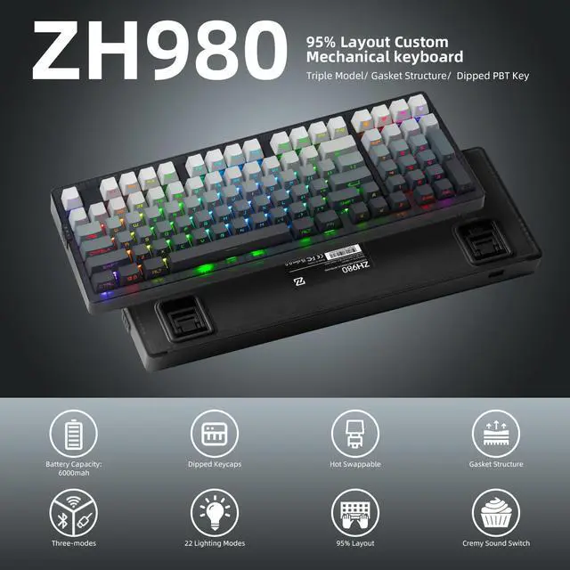 Alt view image 2 of 7 - ZORNHER ZH980 Wireless Mechanical Gaming Keyboard,95% Black & White Custom keyboard With Number Pad,Lighted Up PBT Keycaps,Pre-lubed Silent Switches,Hot-Swappable,RGB Backlit,2.4GHz/USB-C/BT5.0