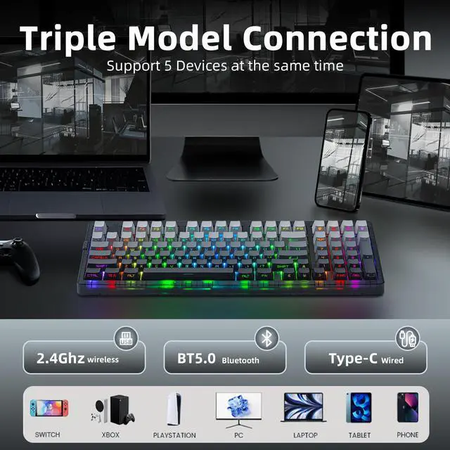 Alt view image 3 of 7 - ZORNHER ZH980 Wireless Mechanical Gaming Keyboard,95% Black & White Custom keyboard With Number Pad,Lighted Up PBT Keycaps,Pre-lubed Silent Switches,Hot-Swappable,RGB Backlit,2.4GHz/USB-C/BT5.0