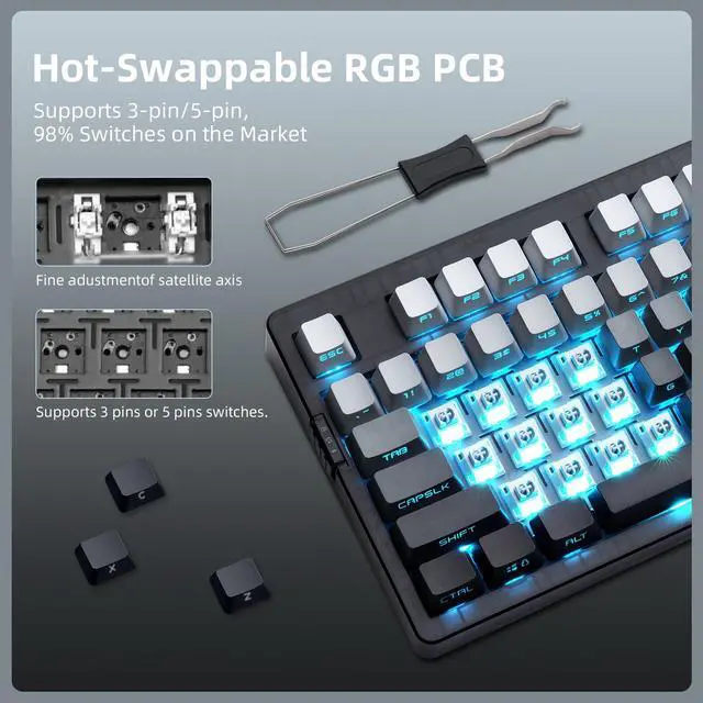 Alt view image 7 of 7 - ZORNHER ZH980 Wireless Mechanical Gaming Keyboard,95% Black & White Custom keyboard With Number Pad,Lighted Up PBT Keycaps,Pre-lubed Silent Switches,Hot-Swappable,RGB Backlit,2.4GHz/USB-C/BT5.0