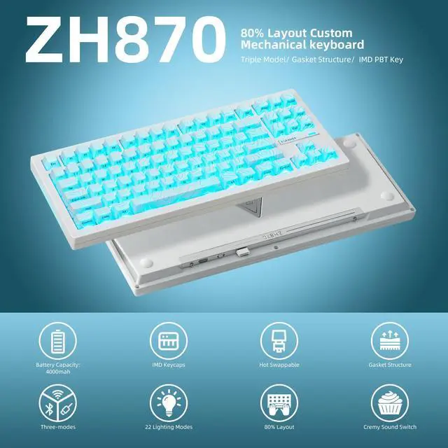 Alt view image 2 of 7 - ZORNHER ZH870 Wireless Mechanical Gaming Keyboard,80% White Custom Creamy Sound Keyboard with Lighted Up IMD PBT Keycaps,Pre-lubed Linear Switches,Hot-Swappable,RGB Backlit,2.4GHz/USB-C/BT5.0
