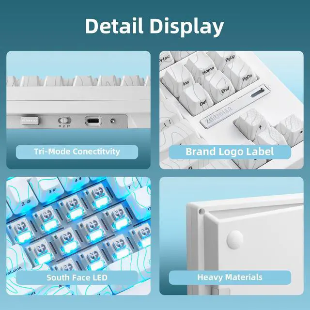 Alt view image 5 of 7 - ZORNHER ZH870 Wireless Mechanical Gaming Keyboard,80% White Custom Creamy Sound Keyboard with Lighted Up IMD PBT Keycaps,Pre-lubed Linear Switches,Hot-Swappable,RGB Backlit,2.4GHz/USB-C/BT5.0