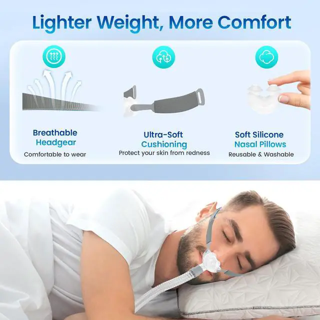 Alt view image 6 of 7 - Monport| Nasal Pillow CPAP Mask for Sleep Apnea - 3-Size Kit (S/M/L) with Adjustable Headgear & 360° Rotating Elbow - Quiet Leak-Proof Design, Washable Silicone Pillows & 22mm Hose