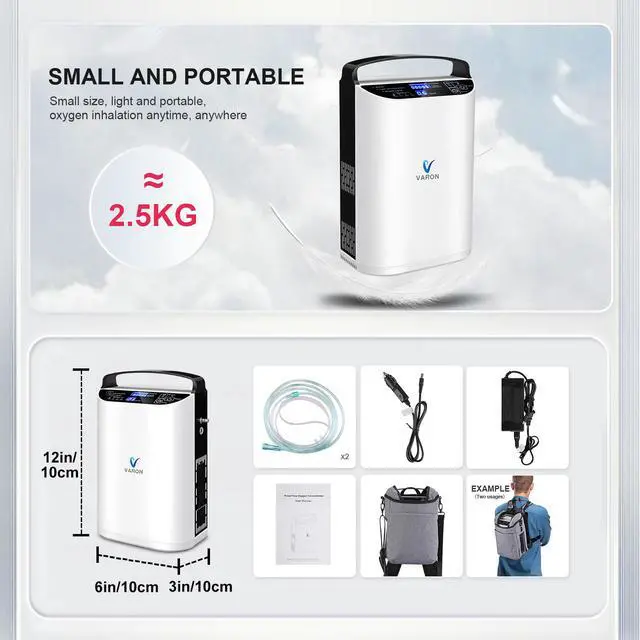 Alt view image 5 of 7 - Varon|5L Oxygen Concentrator for Home and Portable Use, Dual Modes with Detachable Battery, Five Pulse Settings, AC/DC Powered, 90% Oxygen Concentration, Easy Operation