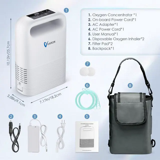 Alt view image 7 of 7 - Varon|Portable Oxygen Concentrator - 93%±3% Purity, 1-5L/min Adjustable Flow, 6400mAh 3-4Hrs Battery, Dual Mode, CECA Molecular Sieve, Travel/Home Use, Auto Shutdown & Alert