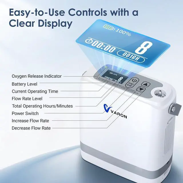 Alt view image 3 of 7 - Varon|Portable Oxygen Concentrator with Pulse Flow - 8 Flow Settings, 93% Oxygen Concentration, Rechargeable Battery (4-Hour), Ultra-quiet 48dB, AC/Battery Oxygen Machine with Carry for & Travel
