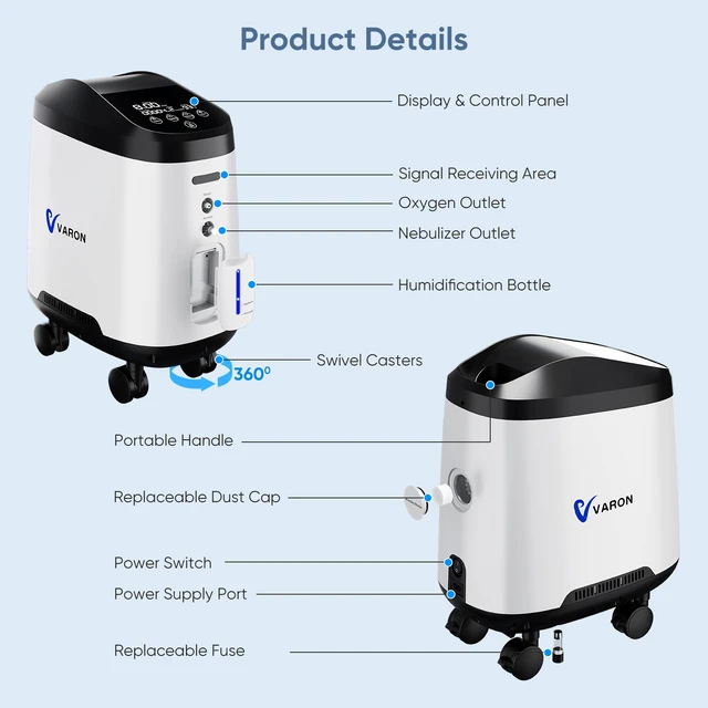 Alt view image 5 of 7 - Varon| 9L Home Oxygen Concentrator, 1-9 L/min Adjustable Flow, 93% High Purity, 45dB Quiet Operation, 8-Hour Timer, Voice Prompt & SOS Call Function