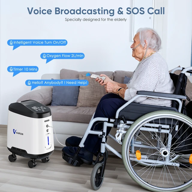 Alt view image 6 of 7 - Varon| 9L Home Oxygen Concentrator, 1-9 L/min Adjustable Flow, 93% High Purity, 45dB Quiet Operation, 8-Hour Timer, Voice Prompt & SOS Call Function