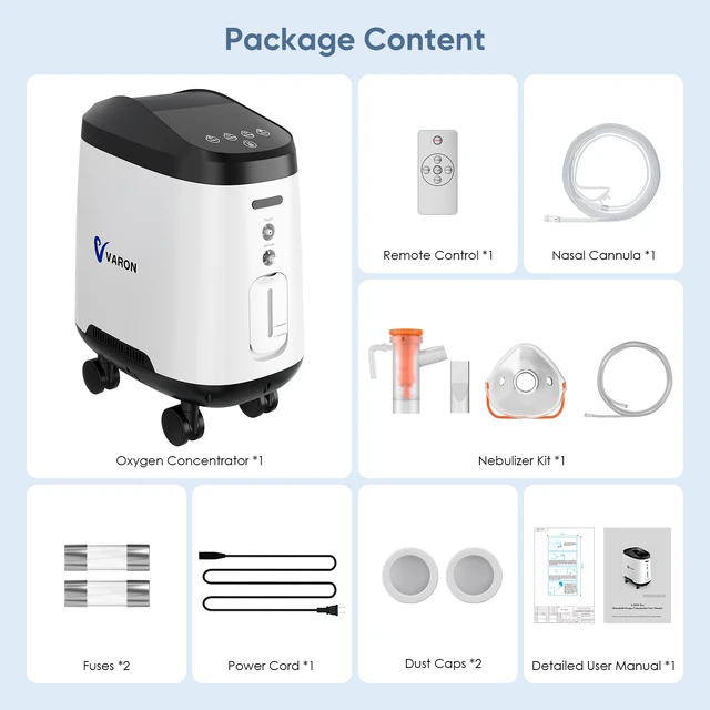 Alt view image 7 of 7 - Varon| 9L Home Oxygen Concentrator, 1-9 L/min Adjustable Flow, 93% High Purity, 45dB Quiet Operation, 8-Hour Timer, Voice Prompt & SOS Call Function