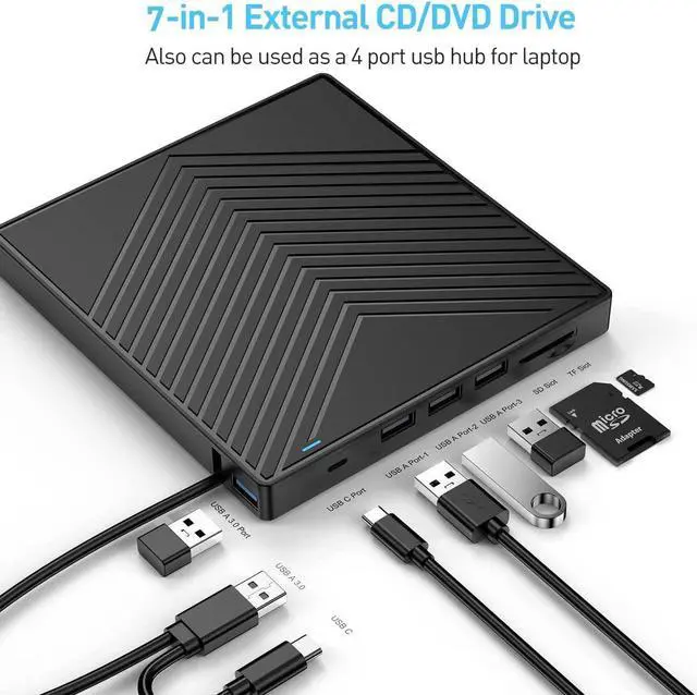 Main image of DIXSG External CD DVD Drive, Ultra Slim CD Burner USB 3.0 with 4 USB Ports and 2 TF/SD Card Slots, Optical Disk Drive for Laptop Mac, PC Windows 11/10/8/7 Linux OS