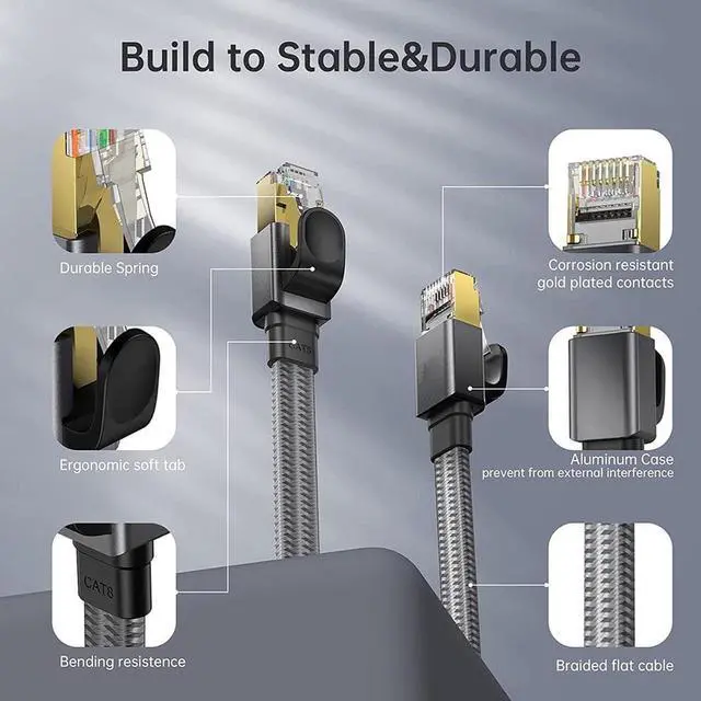 Alt view image 7 of 7 - DIXSG Cat 8 Ethernet Cable 33FT/10M, 26AWG Flat Braided High Speed Network LAN Cable 40gbps 2000mhz, Heavy Duty Shielded Ethernet Cord with Gold Plated RJ45 Connectors for Router Modem Gaming PS5/4