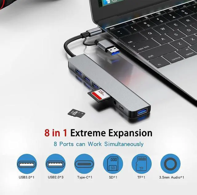 Alt view image 4 of 7 - DIXSG [8-in-1] USB Hub, USB-C Hub, Multiport USB Adapter with Type C & USB 3.0 2-in-1 Interface, Ultra-Slim USB 3.0 Splitter, Multi Extension with Micro SD and SD Card Reader for Mac-book,PS5,Laptop