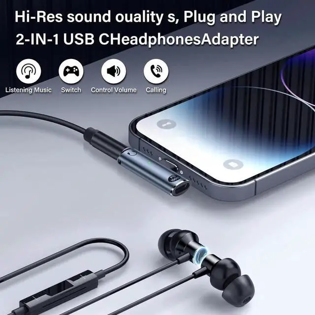 Alt view image 2 of 7 - USB C to 3.5mm Audio Adapter USB Type C to Aux Female Headphones Jack& 100W 2-in-1 PD Power Supply Adapter DAC USB C Headphone Adapter for USB C Devices Without 3.5mm Interface