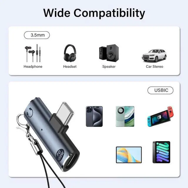 Alt view image 6 of 7 - USB C to 3.5mm Audio Adapter USB Type C to Aux Female Headphones Jack& 100W 2-in-1 PD Power Supply Adapter DAC USB C Headphone Adapter for USB C Devices Without 3.5mm Interface