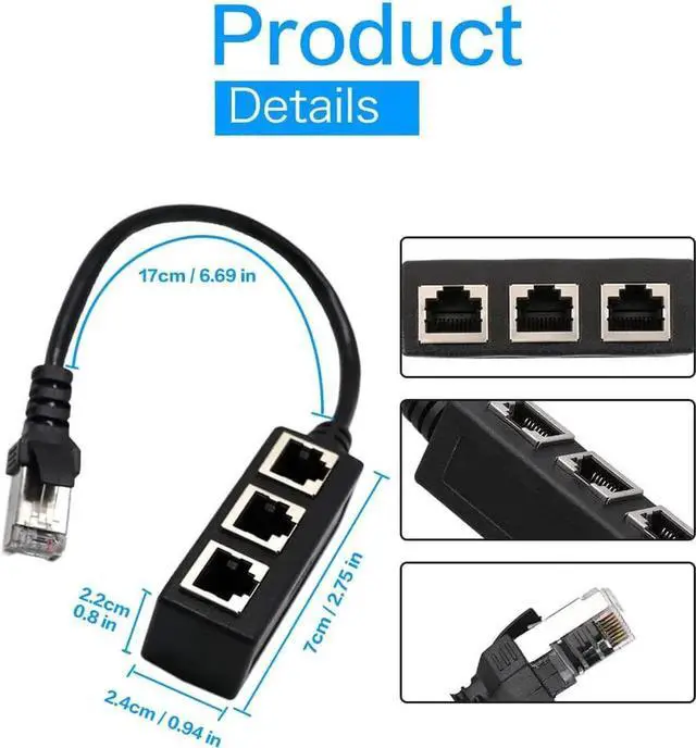 Alt view image 3 of 7 - RJ45 Ethernet Splitter, RJ45 1 Male to 3 x Female LAN Ethernet Splitter Adapter Cable Suitable Super Cat5, Cat5e, Cat6, Cat7 LAN Ethernet Socket Connector Adapter-Black