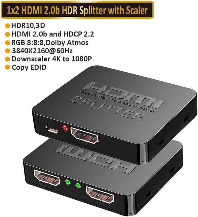 Main image of HDMI Splitter 4K@60Hz, HDMI Splitter 1 in 2 Out, HDMI Splitter for Dual Monitors Only Duplicate/Mirror Screens, Support HDMI2.0b, HDCP2.2, 18.5Gbps, Auto Scaling, Full HD 1080P 3D