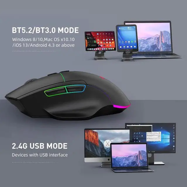 Alt view image 6 of 7 - 2.4G Wireless Bluetooth Mouse, Bluetooth RGB Rechargeable Gaming Mouse Wireless Computer Silent Mause LED Backlit 1600 DPI Ergonomic Gaming Mouse for Laptop PC
