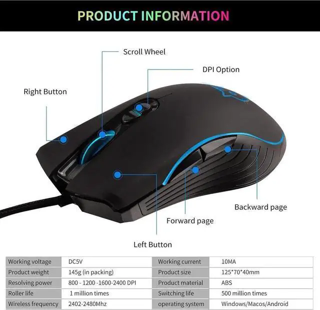 Alt view image 6 of 7 - Wired Gaming Mouse, 7 Colors Backlit Optical Game Mice Ergonomic USB Wired with 2400 DPI and 6 Buttons 4 Adjustable DPI for Computer/Win/Mac/Linux/Andriod/iOS