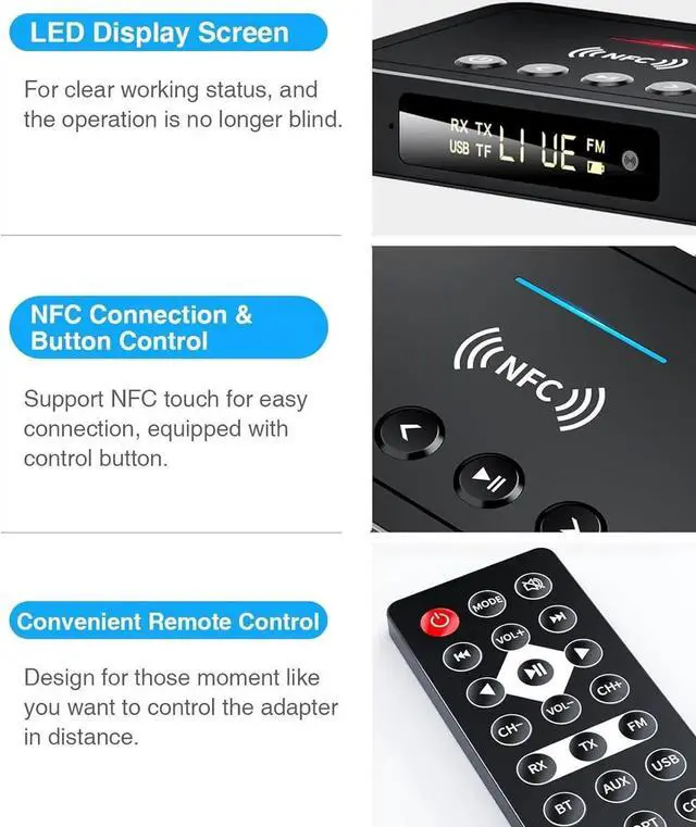 Alt view image 6 of 7 - Bluetooth Transmitter, 3-in-1 Bluetooth 5.0 Transmitter Receiver Adapter, FM Transmitter with RCA/AUX Cable, Wireless Audio Adapter for Stereo System/TV/PC/Headphones/Speakers