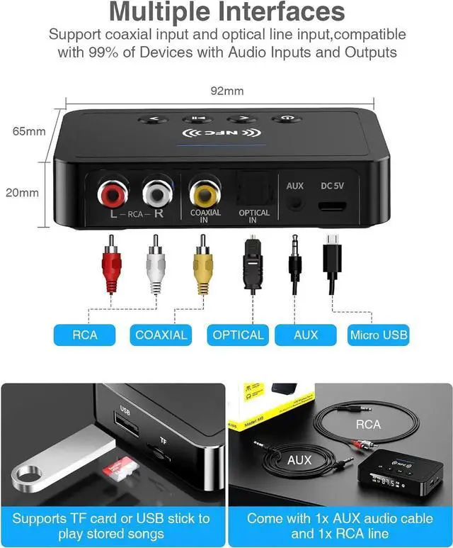 Alt view image 7 of 7 - Bluetooth Transmitter, 3-in-1 Bluetooth 5.0 Transmitter Receiver Adapter, FM Transmitter with RCA/AUX Cable, Wireless Audio Adapter for Stereo System/TV/PC/Headphones/Speakers