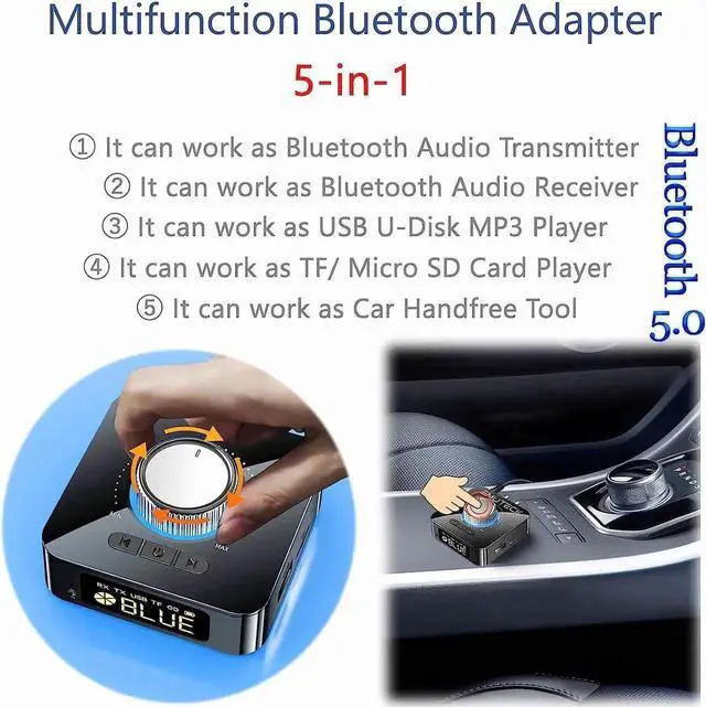 Alt view image 2 of 7 - Bluetooth 5.0 Audio Adapter, 5-in-1 Wireless Music Transmitter AUX Receiver USB TF Micro SD Card MP3 Player for TV CD PC Car Home Stereo to Wireless Wired Soundbar Headphones Speakersd