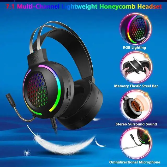 Alt view image 5 of 7 - Gaming Headset with 7.1 Surround Sound,PC Lightweight Headset with Noise Canceling Mic,Bass Surround,Soft Memory Earmuffs,Rainbow Backlit for PC,PS4,Xbox One Controller (Adapter Not Included)