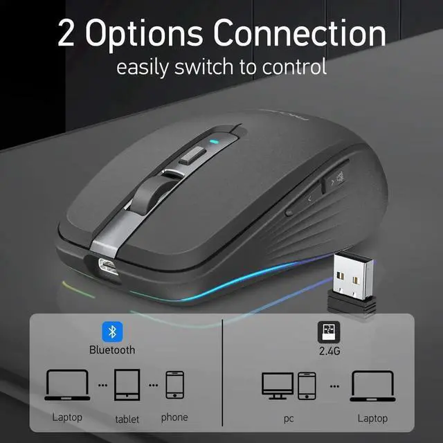 Alt view image 4 of 7 - Rechargeable Wireless Mouse, Silent Mouse with RGB Lights Gaming Mice, 2.4G Wireless & Bluetooth 5.1 Dual Mode 2400 DPI USB-C 700mAh Battery, Ergonomic Mouse for PC, Computer, Laptop, Desktop (Black)