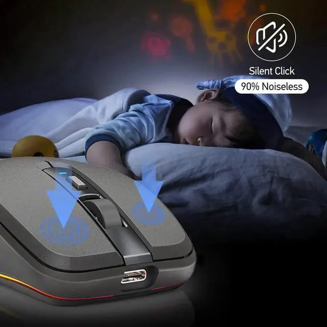 Alt view image 6 of 7 - Rechargeable Wireless Mouse, Silent Mouse with RGB Lights Gaming Mice, 2.4G Wireless & Bluetooth 5.1 Dual Mode 2400 DPI USB-C 700mAh Battery, Ergonomic Mouse for PC, Computer, Laptop, Desktop (Black)