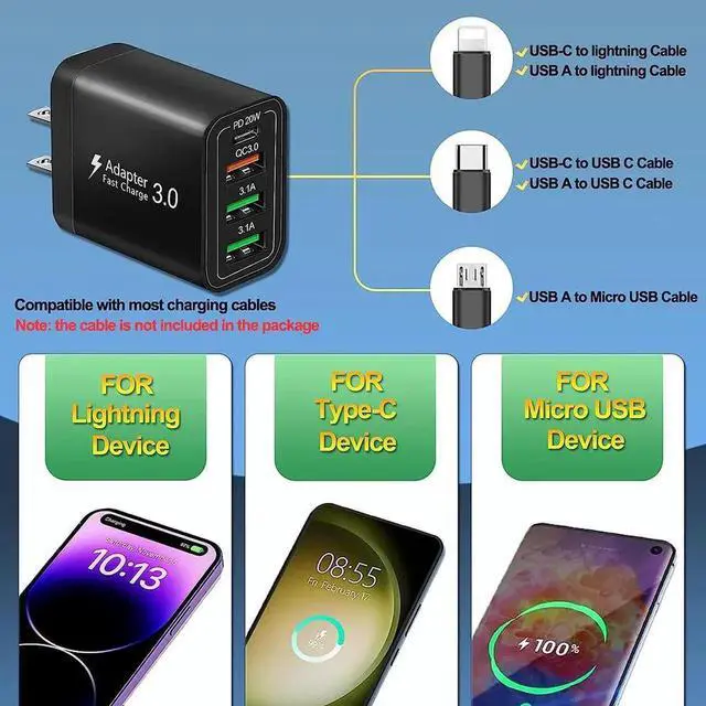 Alt view image 6 of 7 - [2 PACK] USB C Charger/USB Charger, PD 20W+QC 40W Fast Chaging Block 4 Port USB Wall Charger Block for i-Phone 14 13 12 11 Pro Max XS XR X 8 7 6, Android Smartphones, Tablet, and More