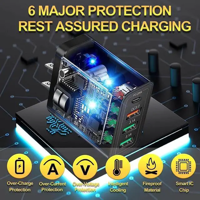 Alt view image 4 of 7 - [2 PACK] USB C Charger/USB Charger, PD 20W+QC 40W Fast Chaging Block 4 Port USB Wall Charger Block for i-Phone 14 13 12 11 Pro Max XS XR X 8 7 6, Android Smartphones, Tablet, and More