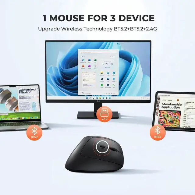 Alt view image 3 of 7 - AUTYUE Ergonomic Mouse, Wireless Mouse, Bluetooth Vertical Rechargeable Mice, 4 Adjustable DPI 800-2400, Bluetooth 5.2+5.2+USB WirelessMouse for Windows/Mac Laptop/PC/Desktop/Computer/iPad - Black
