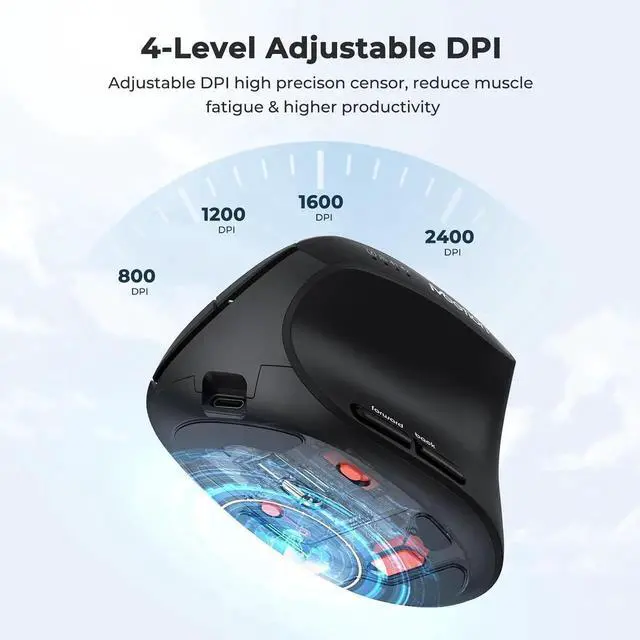 Alt view image 7 of 7 - AUTYUE Ergonomic Mouse, Wireless Mouse, Bluetooth Vertical Rechargeable Mice, 4 Adjustable DPI 800-2400, Bluetooth 5.2+5.2+USB WirelessMouse for Windows/Mac Laptop/PC/Desktop/Computer/iPad - Black
