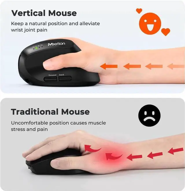 Alt view image 4 of 7 - AUTYUE Ergonomic Mouse, Wireless Mouse, Bluetooth Vertical Rechargeable Mice, 4 Adjustable DPI 800-2400, Bluetooth 5.2+5.2+USB WirelessMouse for Windows/Mac Laptop/PC/Desktop/Computer/iPad - Black