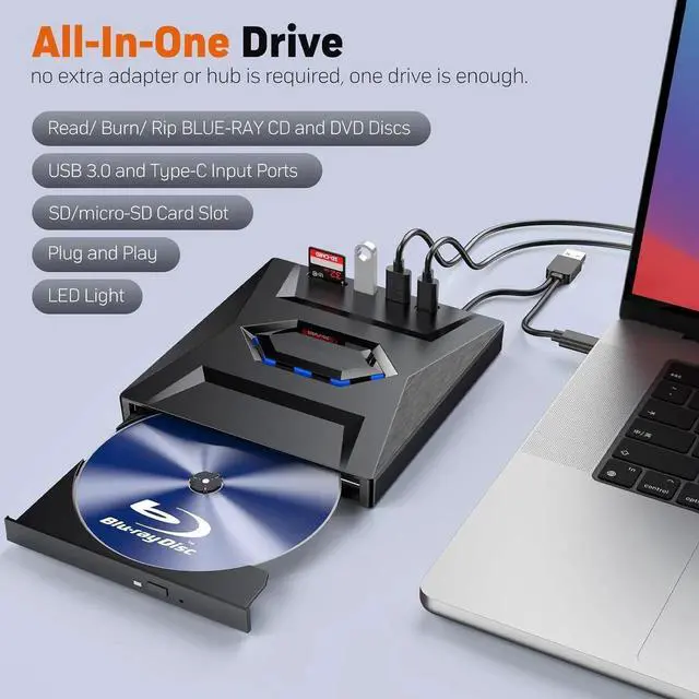 Alt view image 4 of 7 - [5 in 1] External Blu Ray Drive, Portable Bluray Player Writer Reader,CD Burner with USB 3.0 typc C Port& SD Card,DVD & CD-ROM +/-RW, External Blu-Ray CD DVD Drives for PC Laptop Windows Linux MacOS